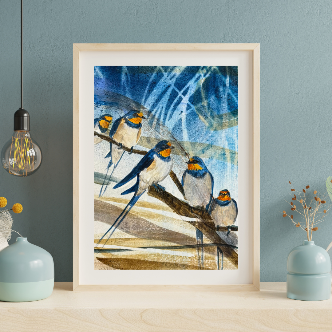 Five swallows on a branch