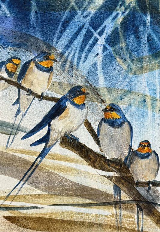 Five swallows on a branch