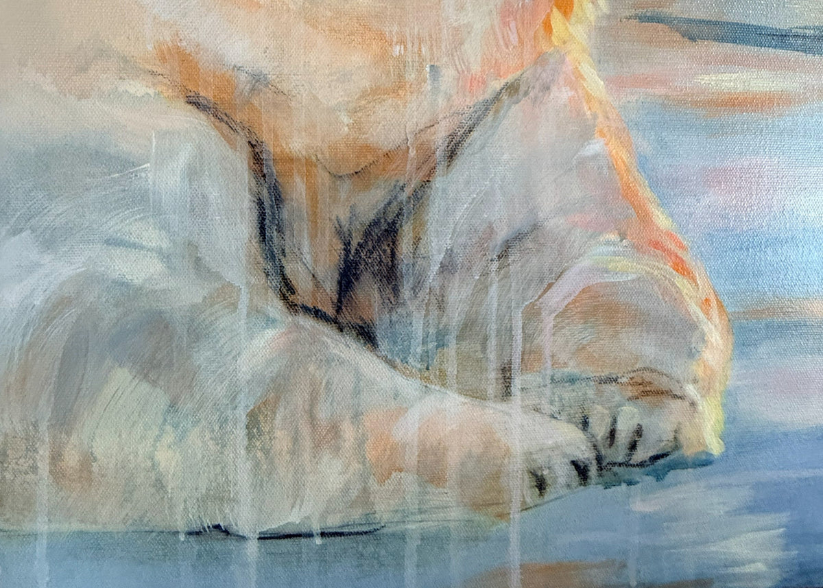 Close-up of paint drips running through the polar bear's fur in What Awaits