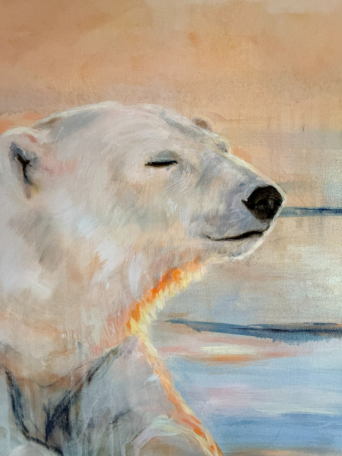 Close-up of the polar bear's face and the orange light along its neck in What Awaits