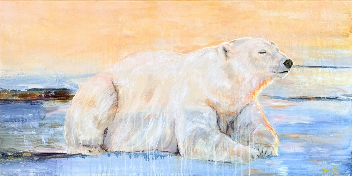 What Awaits, a polar bear resting on the ice with closed eyes in warm peach light, acrylic painting by Christina Dentov Clark, 60 x 120 cm