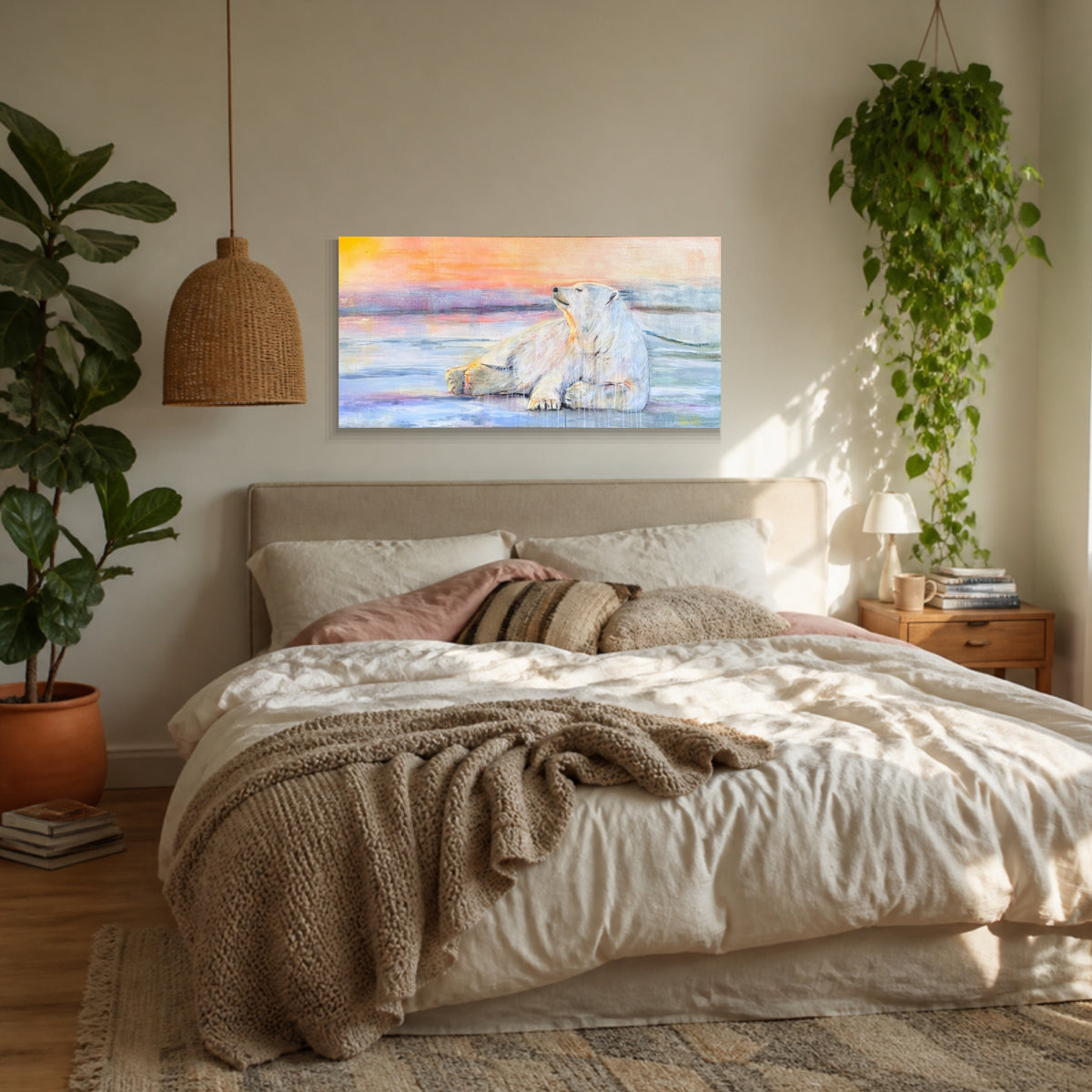What Has Passed hanging above a bed in a bedroom, shown at true size