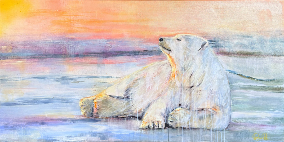 What Has Passed, a polar bear lying on the ice with closed eyes facing a pink and orange sunset, acrylic painting by Christina Dentov Clark, 60 x 120 cm